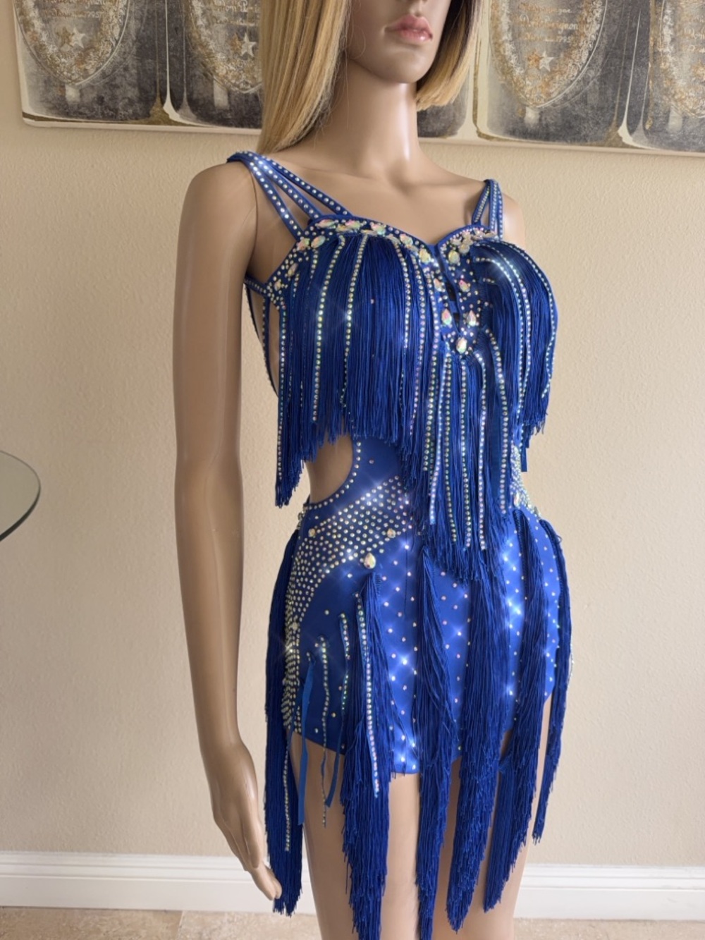 Blue Fringe Rhinestone Latin Dance Dress